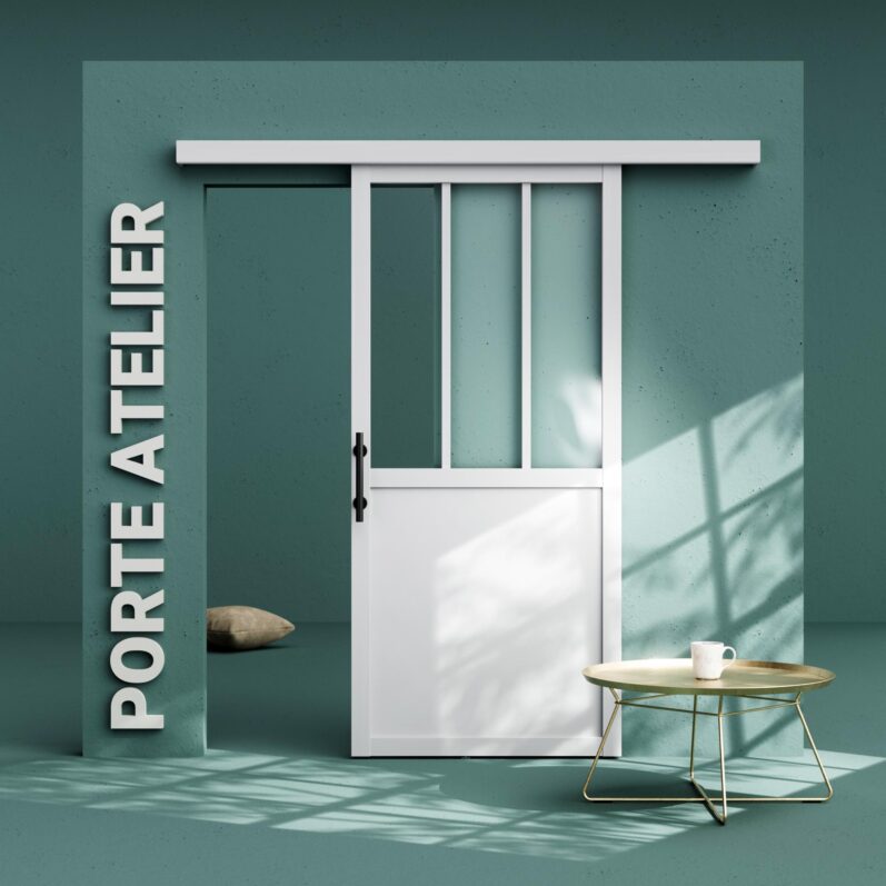 Porte coulissante atelier - Visuel d'un kit de porte coulissante atelier blanche avec poignée verticale