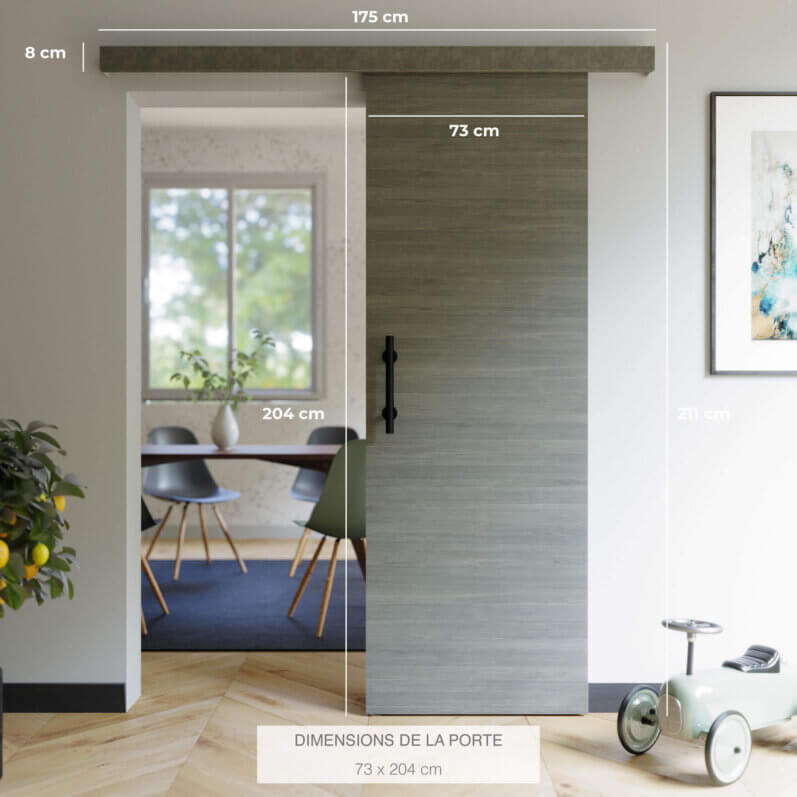 Dimensions de la porte coulissante en applique Gris blanchi 73cm avec poignée métal noir