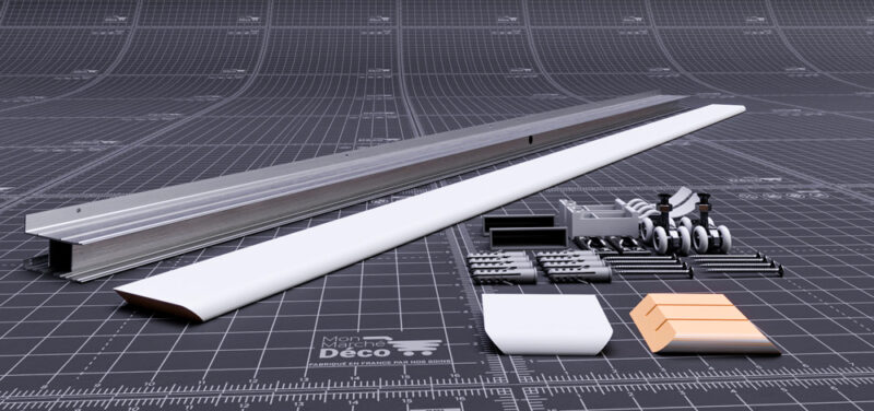 Kit rail coulissant complet avec le cache rail et tous les éléments intérieur au rail pour porte coulissante en applique