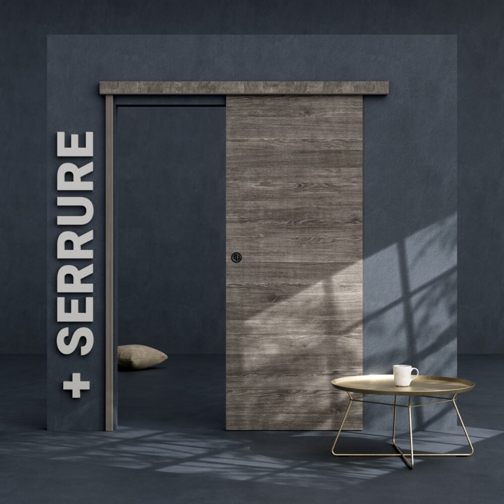 Kit porte coulissante - Visuel d'une porte coulissante avec rail et serrure décor bois gris blanchi