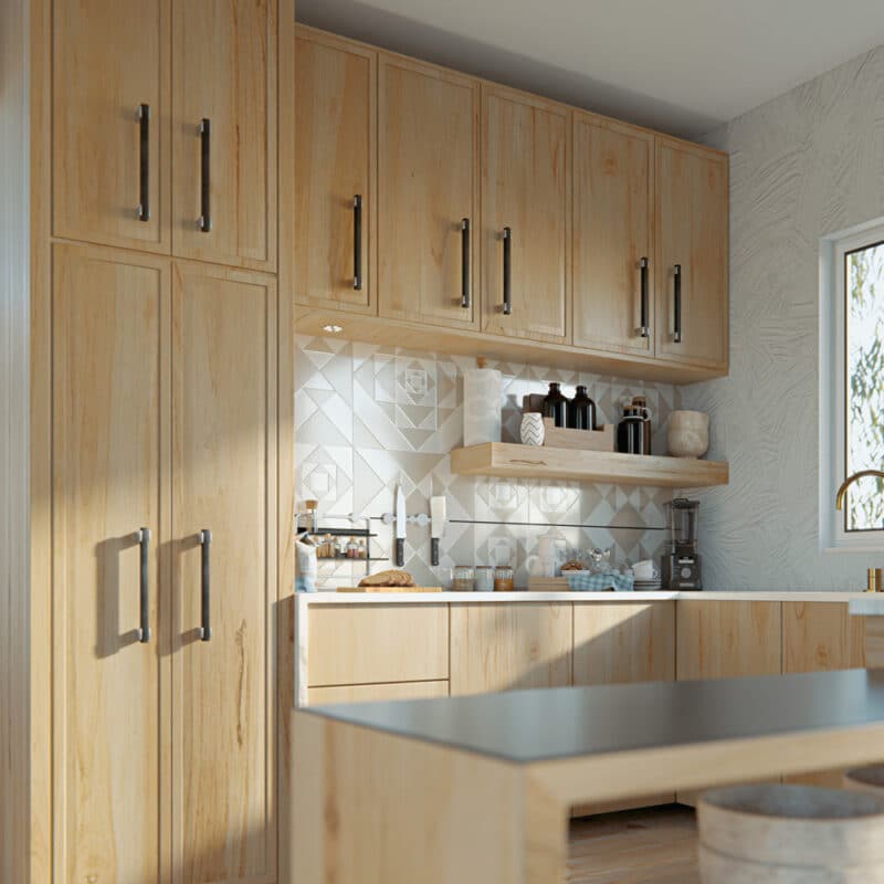 Comment faire du home staging - Une cuisine ouverte avec des façades en bois