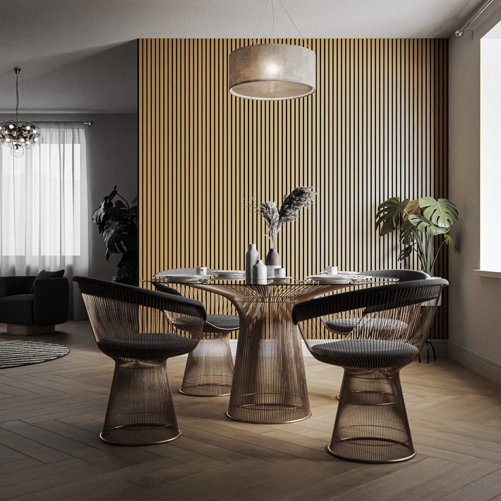 Décoration Japandi - Une salle à manger avec un pan de mur de panneaux tasseaux bois