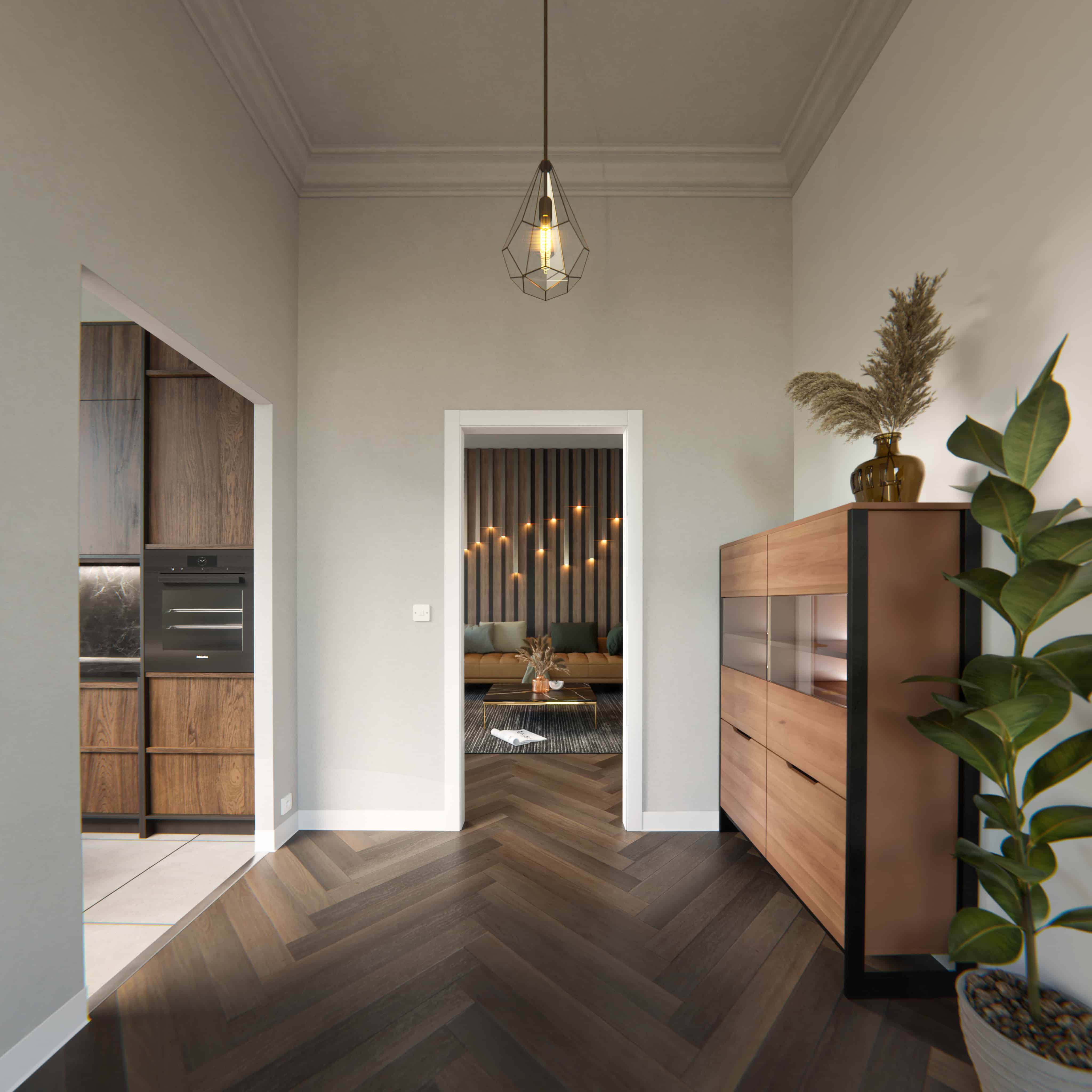 Habiller un encadrement de cloison - Couloir moderne desservant par des cloisons ouvertes une cuisine et un salon