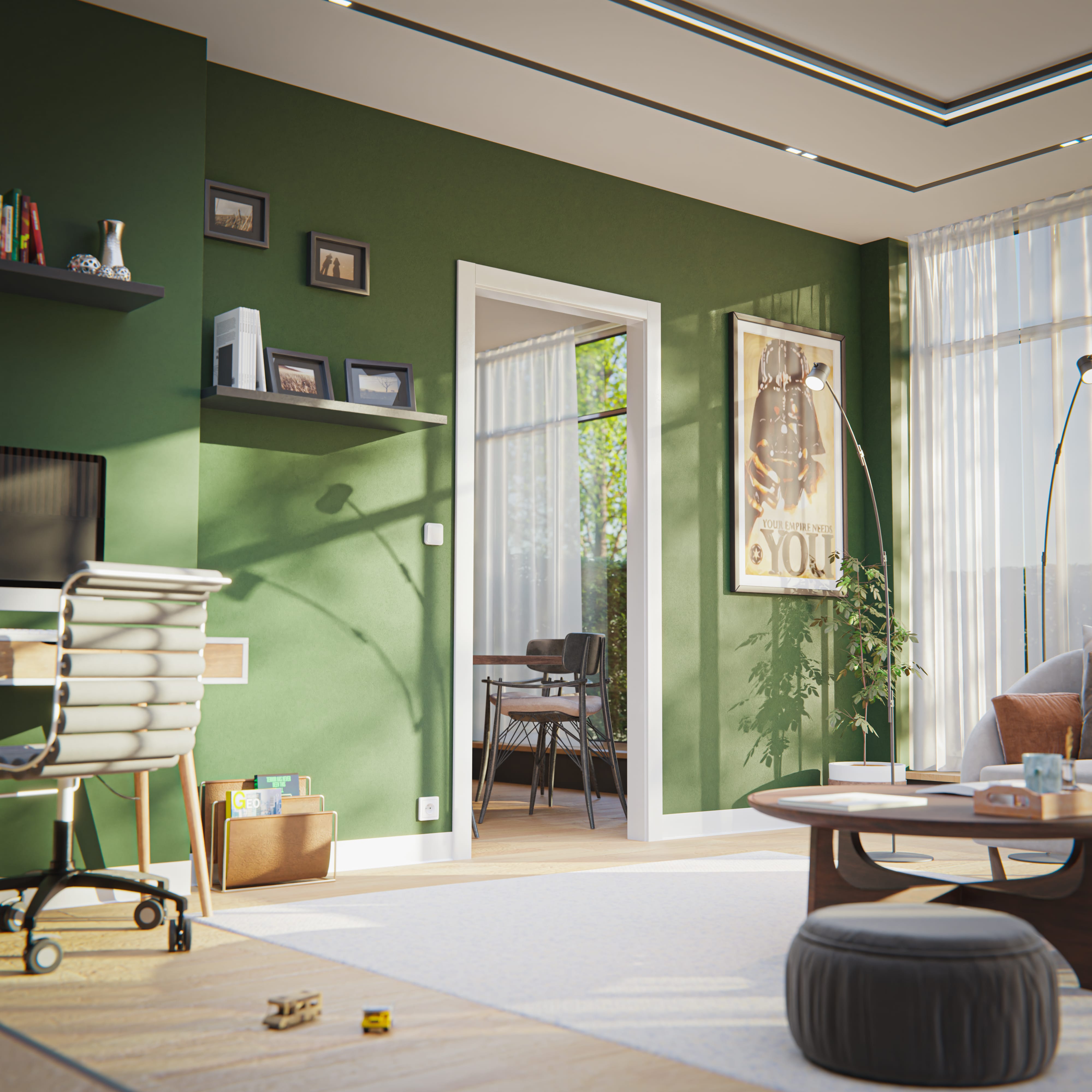 Habiller un encadrement de porte - Salon décoré avec un mur vert et ouvert sur une autre pièce avec un habillage de cloison