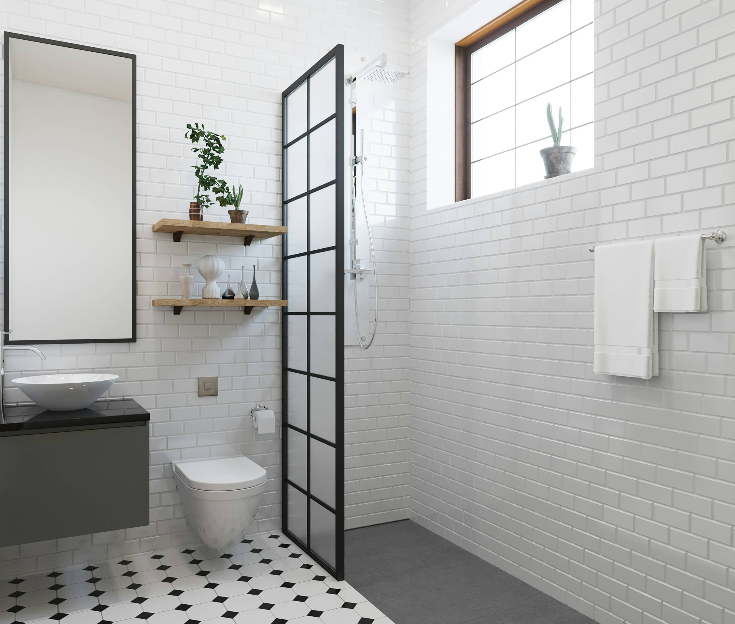 Aménager une petite salle de bain - Une douche à l'italienne avec une paroi de douche style atelier