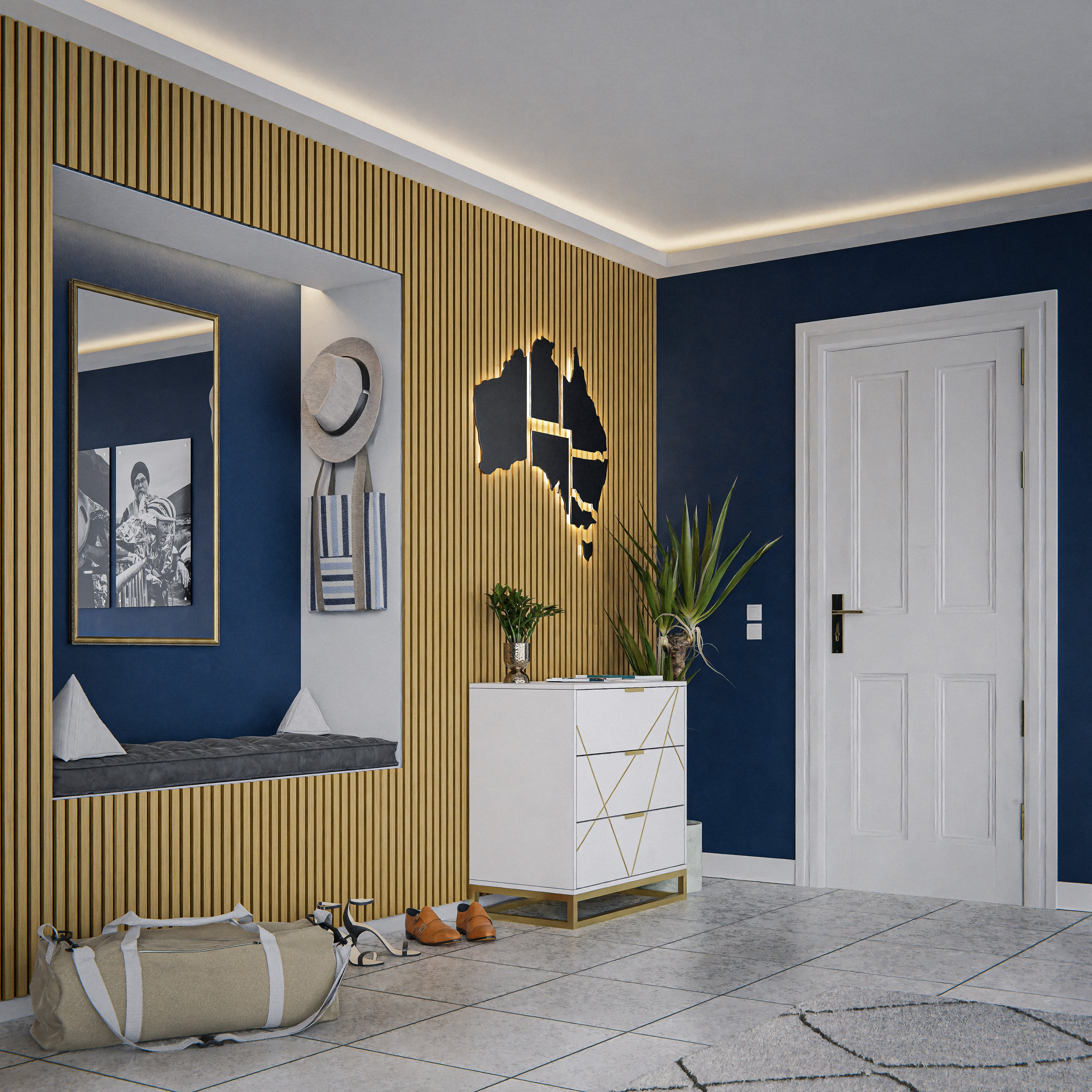 Comment décorer un couloir – un couloir d’entrée décoré avec un mur en panneaux tasseaux bois et un banc incrusté dans une niche