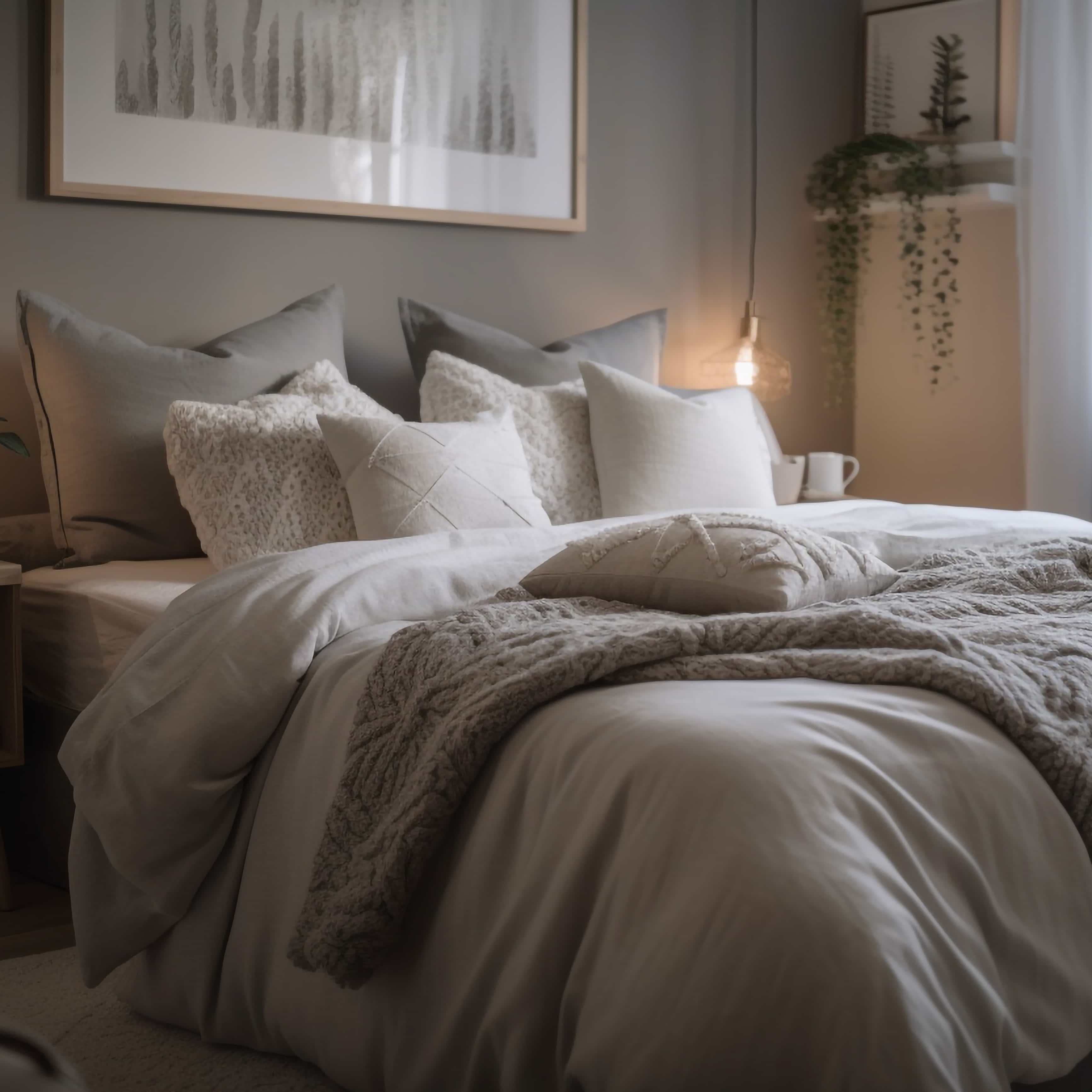 Décoration Hygge - Une chambre à coucher hygge avec des draps en lin, un plaid et des coussins fluffy