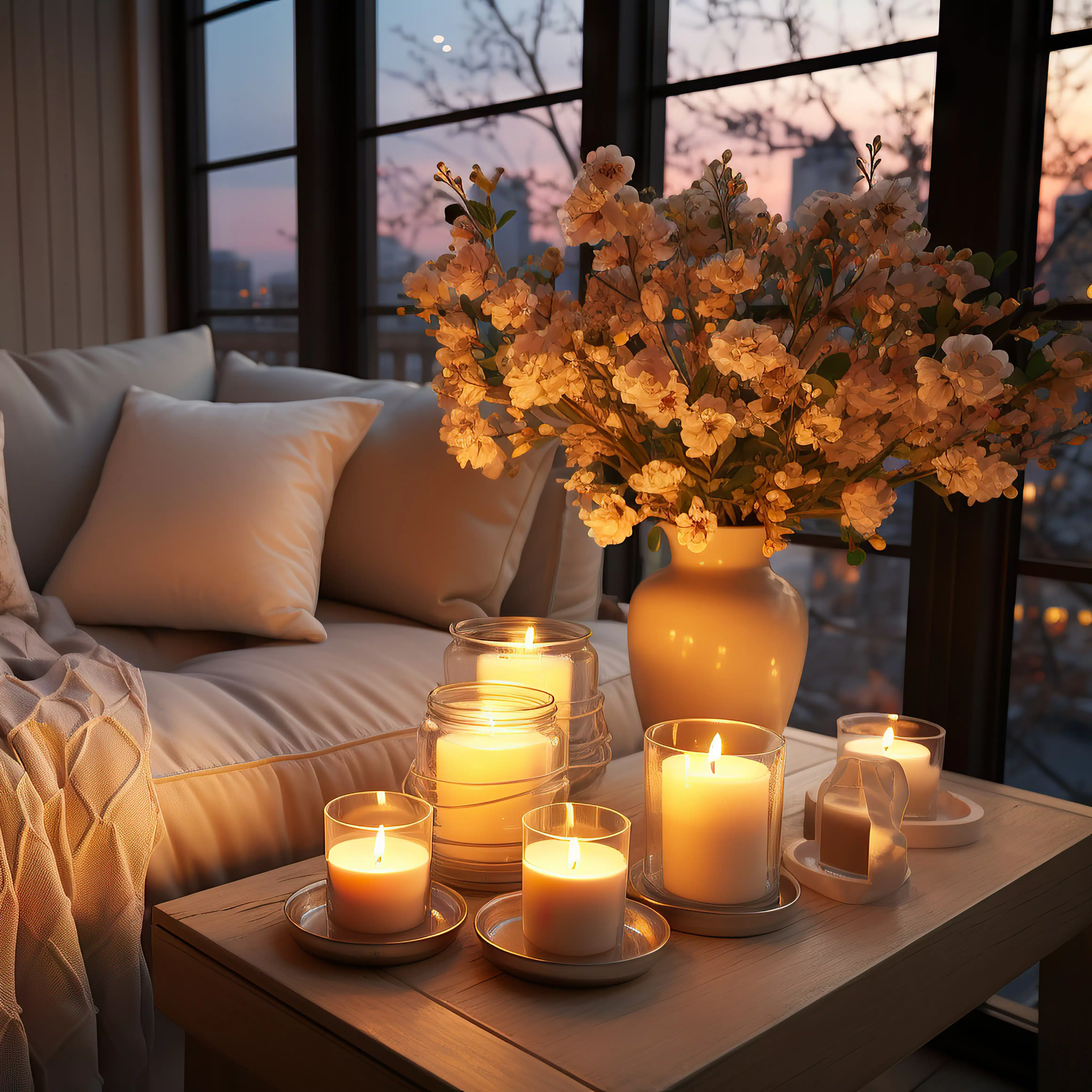 Le hygge : un mode de vie où règne l’art du slow living 6 Hygge - Un canapé douillet et une table basse avec des bougies et des fleurs posées dessus