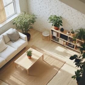 comment aménager un petit salon - un salon décoré dans le style bohème avec un canapé gris, une table basse en bois et un meuble de rangement