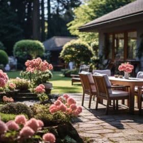 Comment aménager son jardin - La terrasse de maison avec un jardin fleuri et entretenu