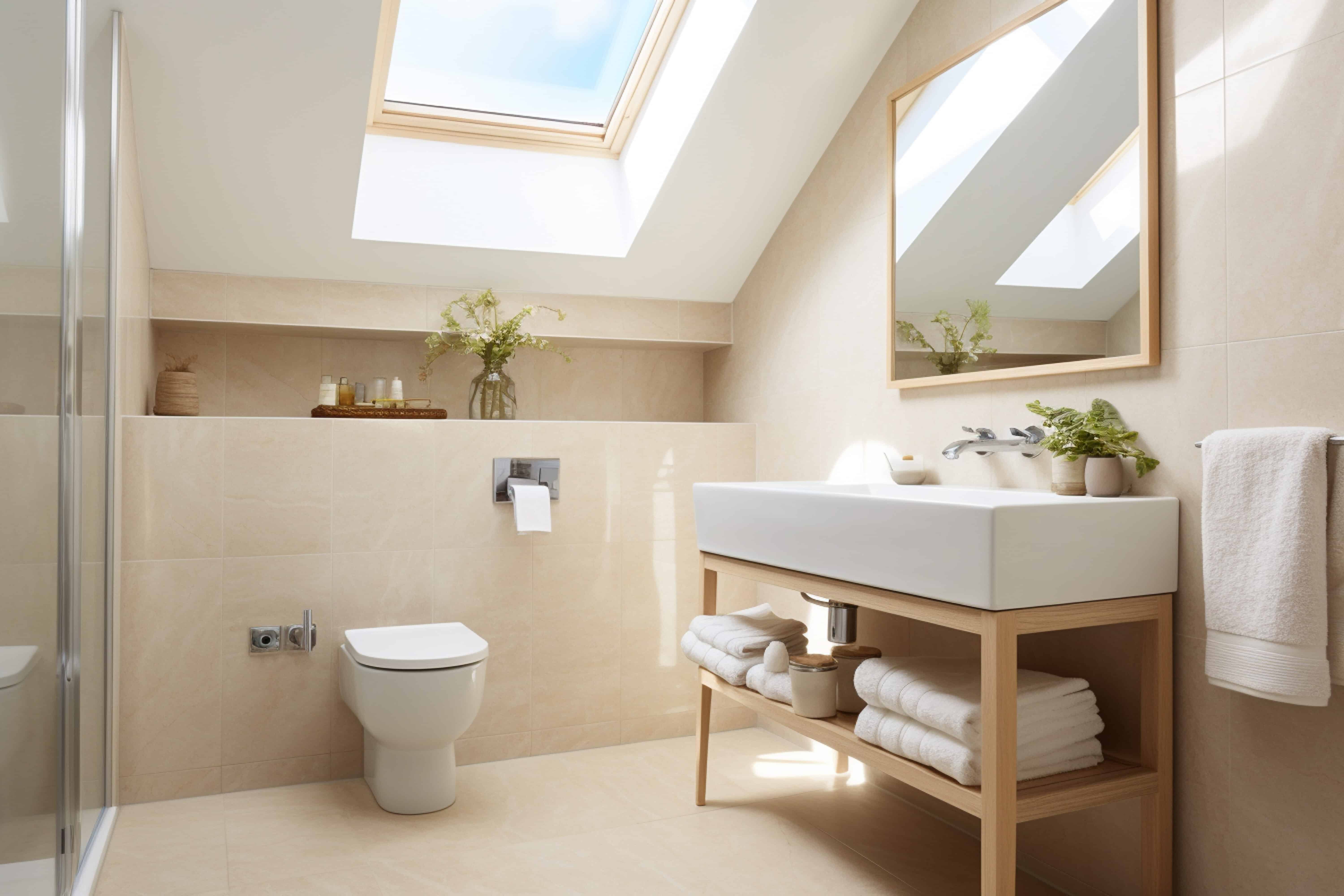 Rénovation salle de bain petit budget – Une salle de bains sous les combles, décorée sobrement avec des plantes et des bougies parfumées