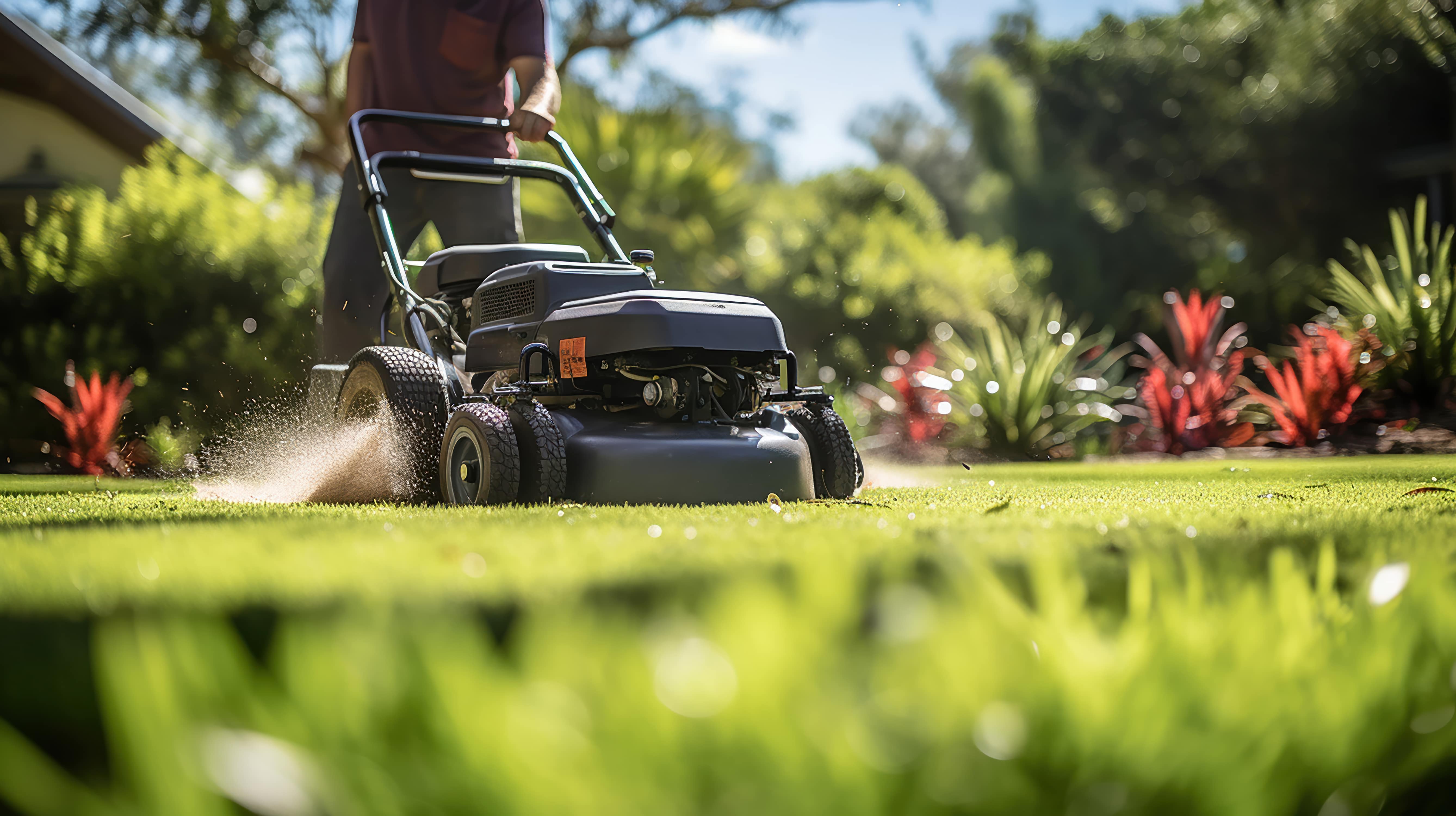 Comment aménager son jardin – Une personne en train de tondre la pelouse de son jardin 