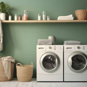 comment aménager une buanderie – une buanderie avec une machine à laver, un sèche-linge, des paniers et une étagère pour stocker les produits