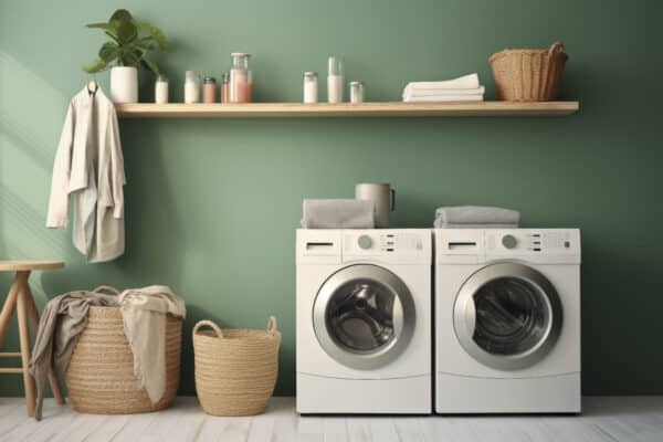 comment aménager une buanderie – une buanderie avec une machine à laver, un sèche-linge, des paniers et une étagère pour stocker les produits