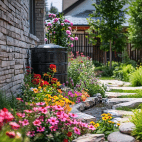 Comment choisir sa cuve de récupération d'eau de pluie - Un jardin fleuri et verdoyant avec un récupérateur d'eau gris installé contre un mur en pierre