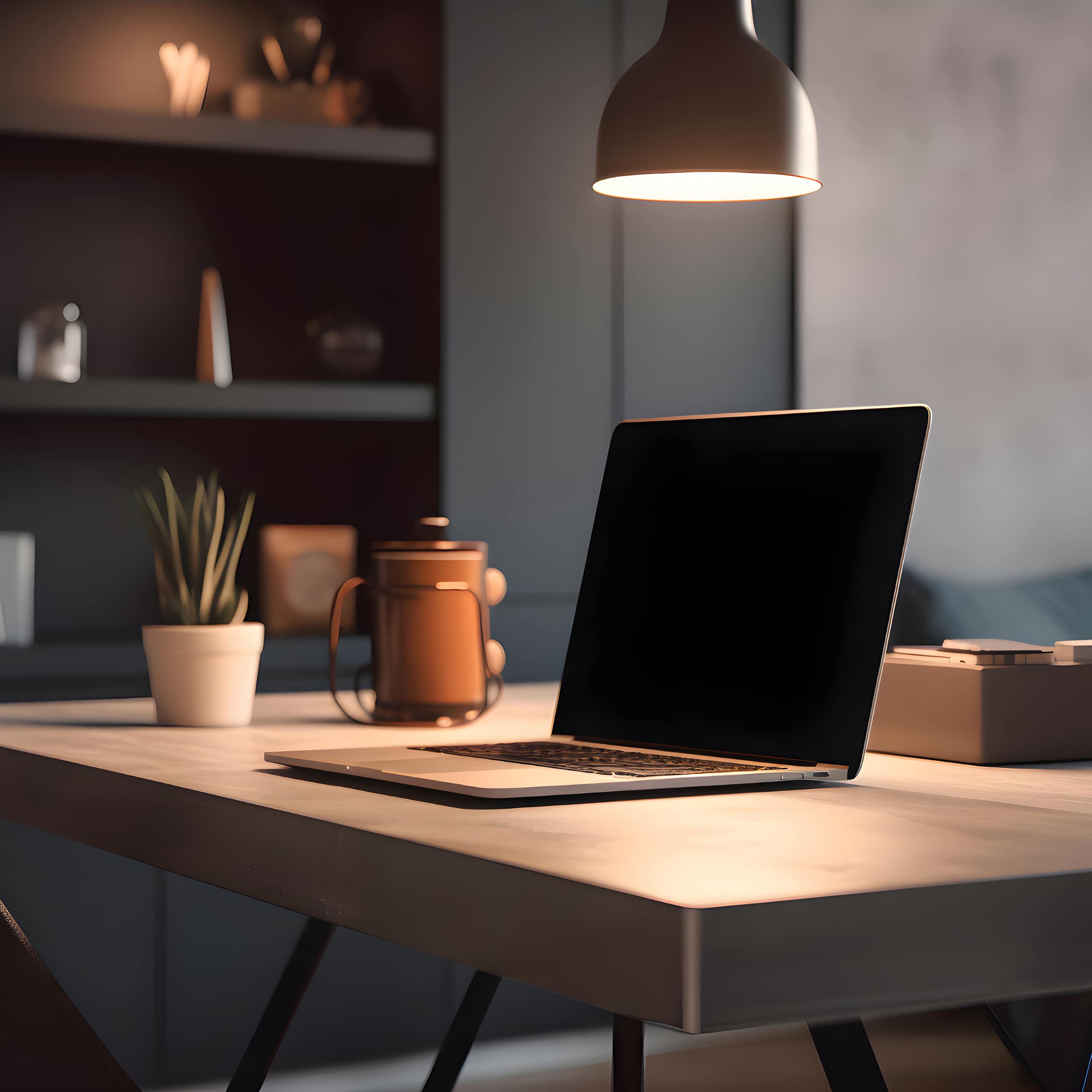 Déco studio étudiant - Gros plan sur un ordinateur portable posé sur un bureau moderne en bois. 