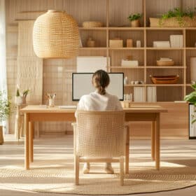 Aménager un coin bureau dans un salon – Une femme de dos en train de travailler sur son ordinateur dans le salon.