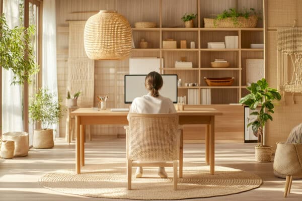 Aménager un coin bureau dans un salon – Une femme de dos en train de travailler sur son ordinateur dans le salon.