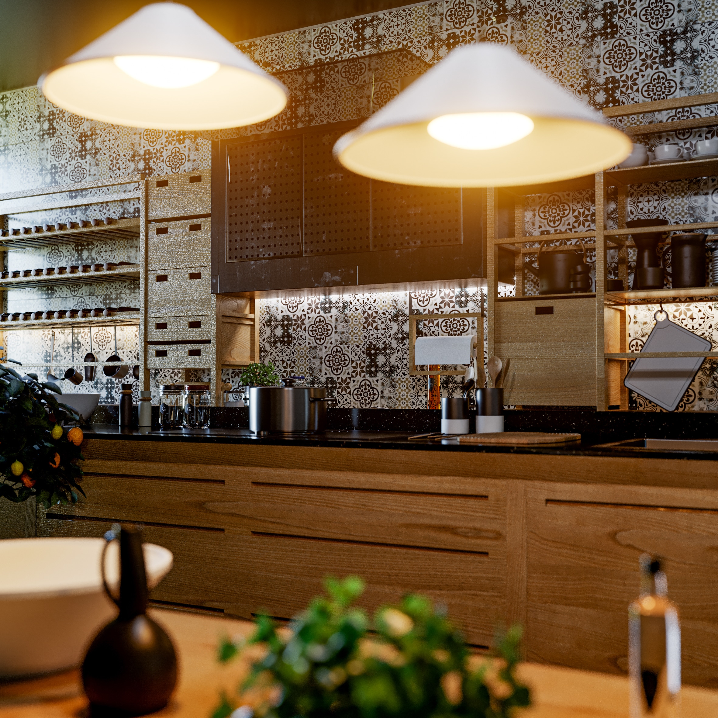 Déco carreaux de ciment - Une cuisine moderne avec du bois clair et une crédence en carreaux de ciment