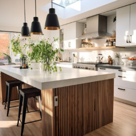 Aménagement cuisine ouverte - Une cuisine ouverte moderne avec un îlot central.