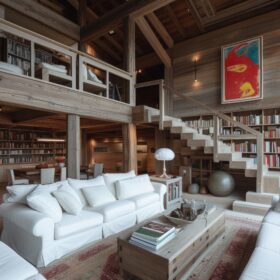 Aménager une mezzanine - un grand salon à la décoration moderne avec une mezzanine